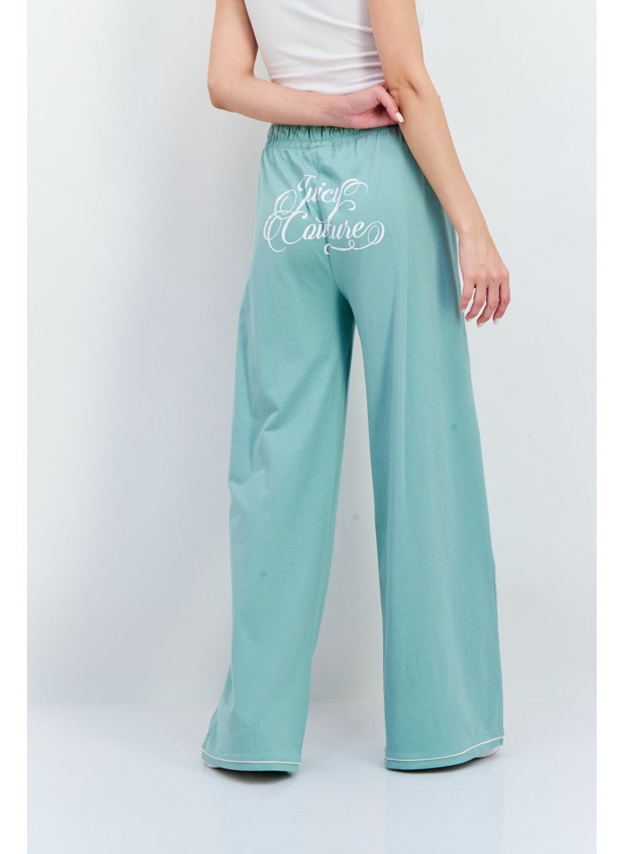 Women Regular Fit Wide Leg Brand Logo Palazo  Pants, Sage Green