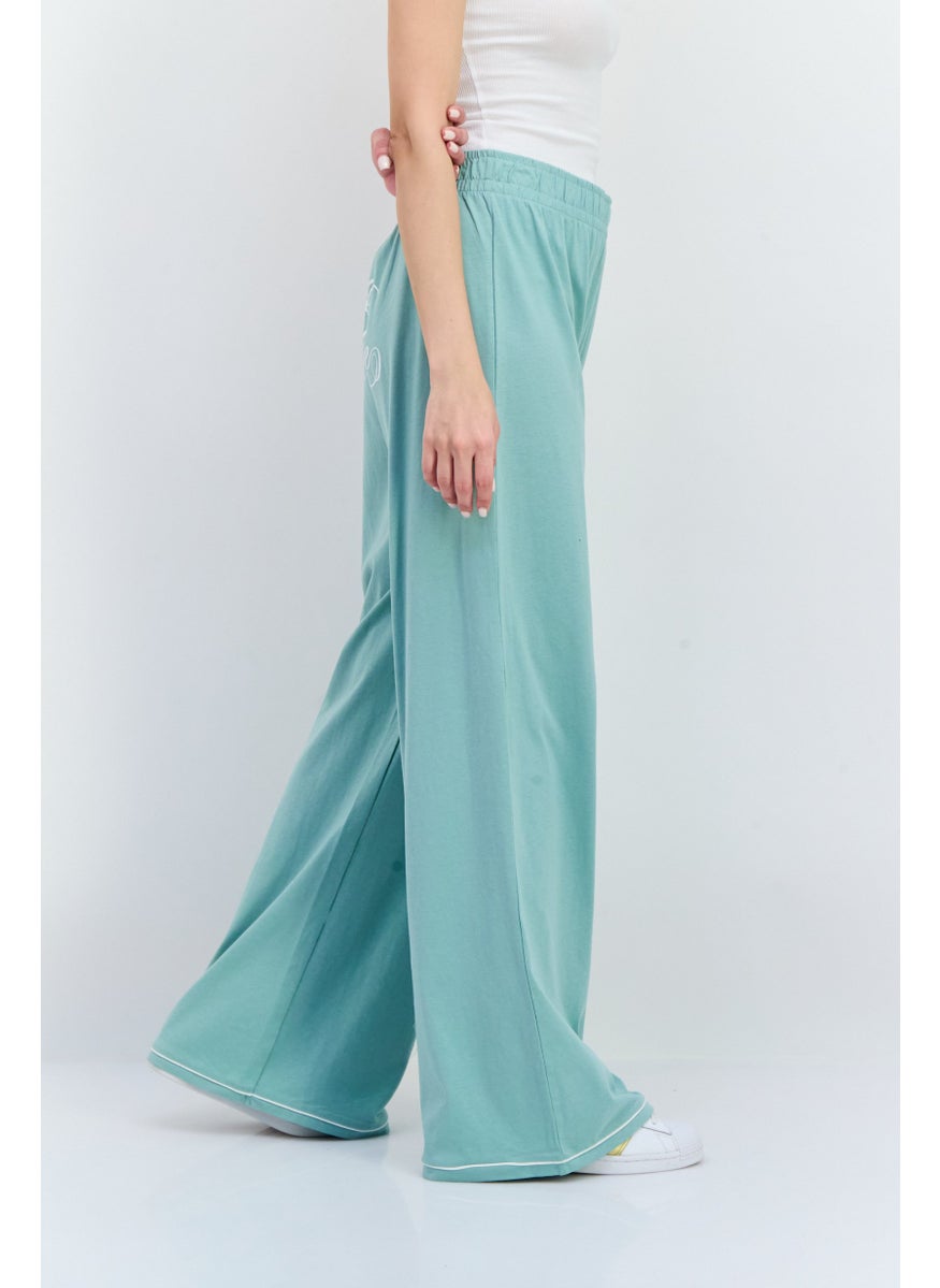 Women Regular Fit Wide Leg Brand Logo Palazo  Pants, Sage Green