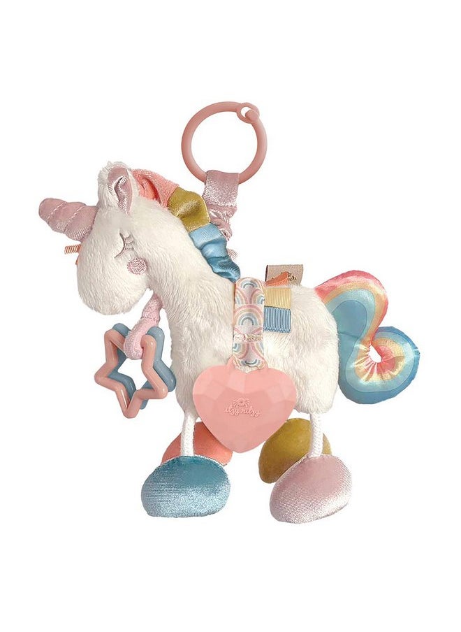 Itzy Ritzy Link & Love Toy for Stroller or Car Seat; Features Textured Ribbons, Crinkle Sounds, Clinking Rings & Silicone Teether; Designed For Ages 0 Months and Up (Unicorn)