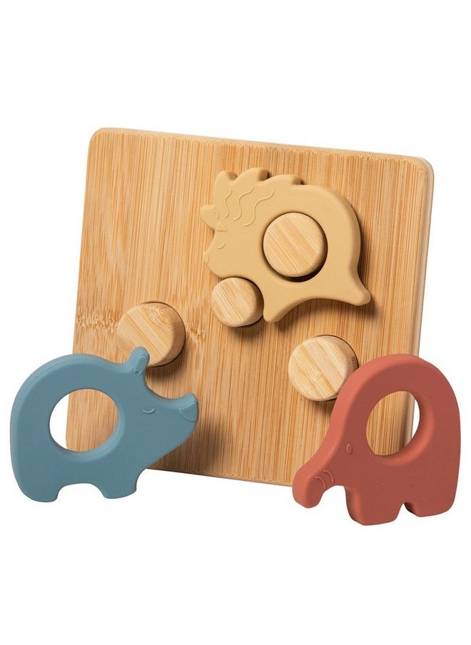 Mary Meyer Baby and Toddler Toys Simply Silicone Sorting Puzzle with Bamboo Base for 12+ Months Old Preschool Gifts, 7 x 6-Inches, Safari Animals