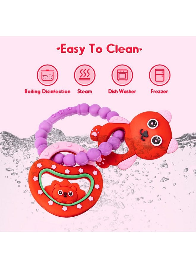 NPET Baby Valentines Teething Toy, Cute Bear & Red Heart Teeting Ring Infant Baby Teething, Sore Gums Relief Infant Toys Valentines Birthday Chocking-Prove Design Baby Teething Chew Toys Bpa-Free