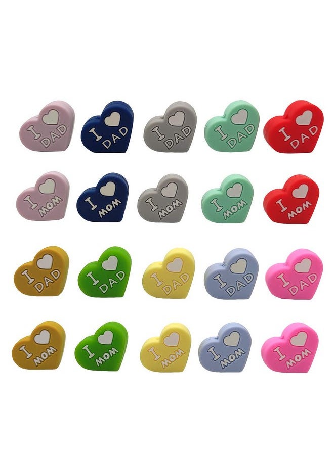 10pcs Silicone Heart Pearl Beads I Love Mom and Dad Silicone Heart Bead Baby Silicone Beads DIY Mom Necklace Pendant (Mix Color 10pcs)