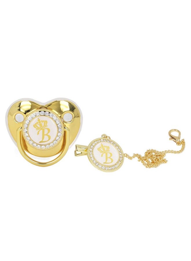 Fashionable Portable Golden Letter Pacifier, Travel-Ready Hygienic Rhinestone Infant Pacifier with Clip (B)