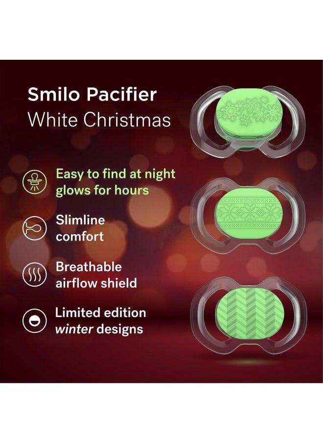 Smilo Baby Christmas Pacifier - 3 Pack of Slimline Pacifiers for Babies - 100% Silicone Newborn Pacifiers BPA Free - Glow in The Dark - White Christmas