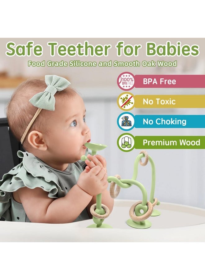 Baby Sensory Teething Chew High Chair Suction Toys for Infant Toddlers 6 12 18 24 Months, Food Grade Silicone Teether with Oak Loop Montessori Educational Baby Bath Toy Gifts (Green)
