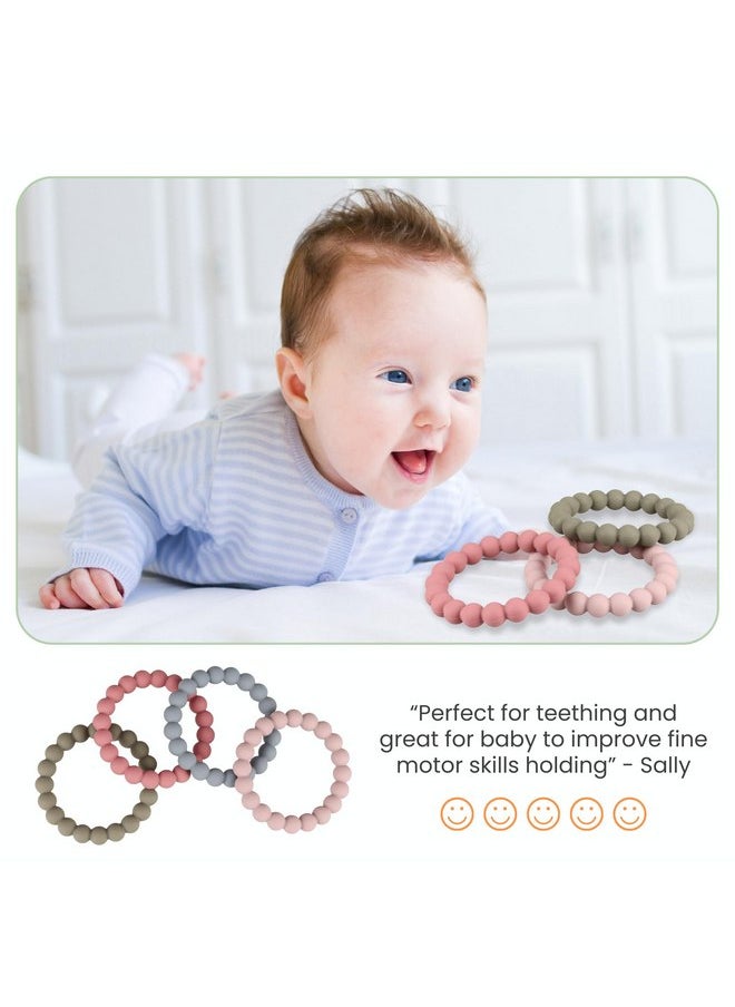 Baby Teether Rings, Food Grade Silicone Teether Bracelets for 3m+ Babies to Self-Soothe - Includes 4 Neutral Baby Rings