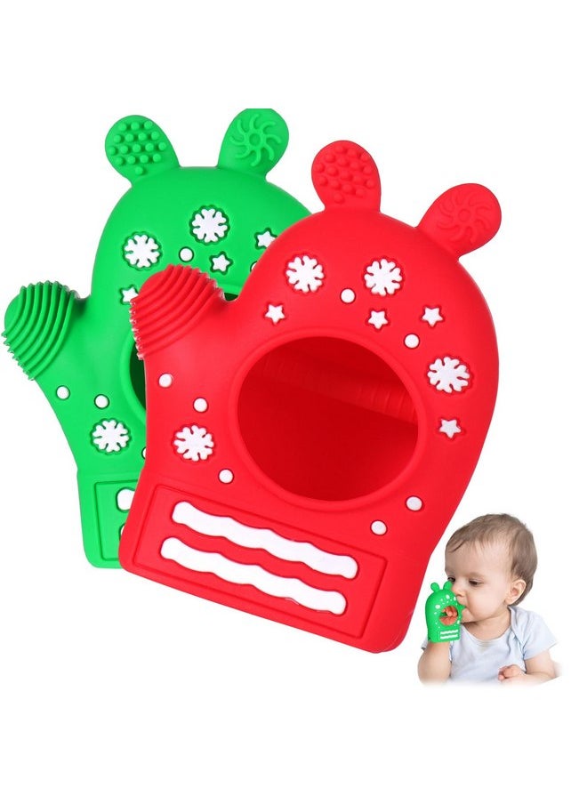 2PCS Christmas Baby Teething Toys, Anti-Drop Teething Mitten for 3-6 Months, Easy-Grip Hand Teethers for Babies 6-12 Months, Silicone Teething Glove for Infants Boys Girls Soothing Teething Relief