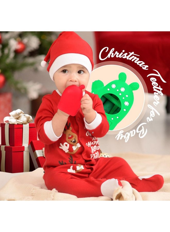 2PCS Christmas Baby Teething Toys, Anti-Drop Teething Mitten for 3-6 Months, Easy-Grip Hand Teethers for Babies 6-12 Months, Silicone Teething Glove for Infants Boys Girls Soothing Teething Relief