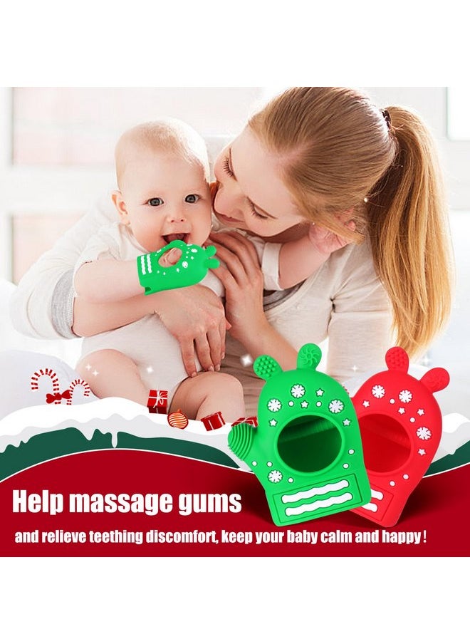 2PCS Christmas Baby Teething Toys, Anti-Drop Teething Mitten for 3-6 Months, Easy-Grip Hand Teethers for Babies 6-12 Months, Silicone Teething Glove for Infants Boys Girls Soothing Teething Relief