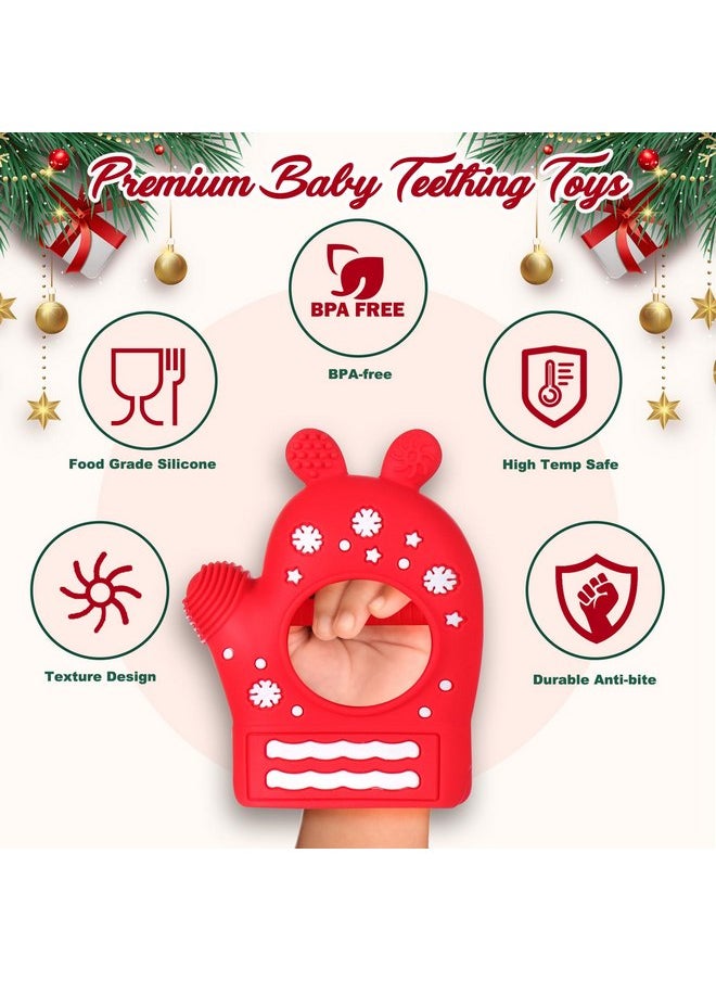2PCS Christmas Baby Teething Toys, Anti-Drop Teething Mitten for 3-6 Months, Easy-Grip Hand Teethers for Babies 6-12 Months, Silicone Teething Glove for Infants Boys Girls Soothing Teething Relief