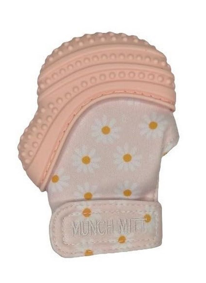 Malarkey Kids Baby Teething Mitten, Munch Mitt Baby Chew Toy - Protects Hands from Chewing & Saliva, Heals Aching Gums, Promotes Sound & Visual Stimulation for Babies Up to 1-Year-Old (Pink Daisies)
