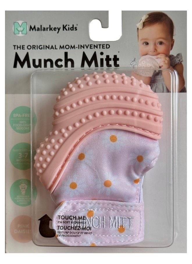 Malarkey Kids Baby Teething Mitten, Munch Mitt Baby Chew Toy - Protects Hands from Chewing & Saliva, Heals Aching Gums, Promotes Sound & Visual Stimulation for Babies Up to 1-Year-Old (Pink Daisies)