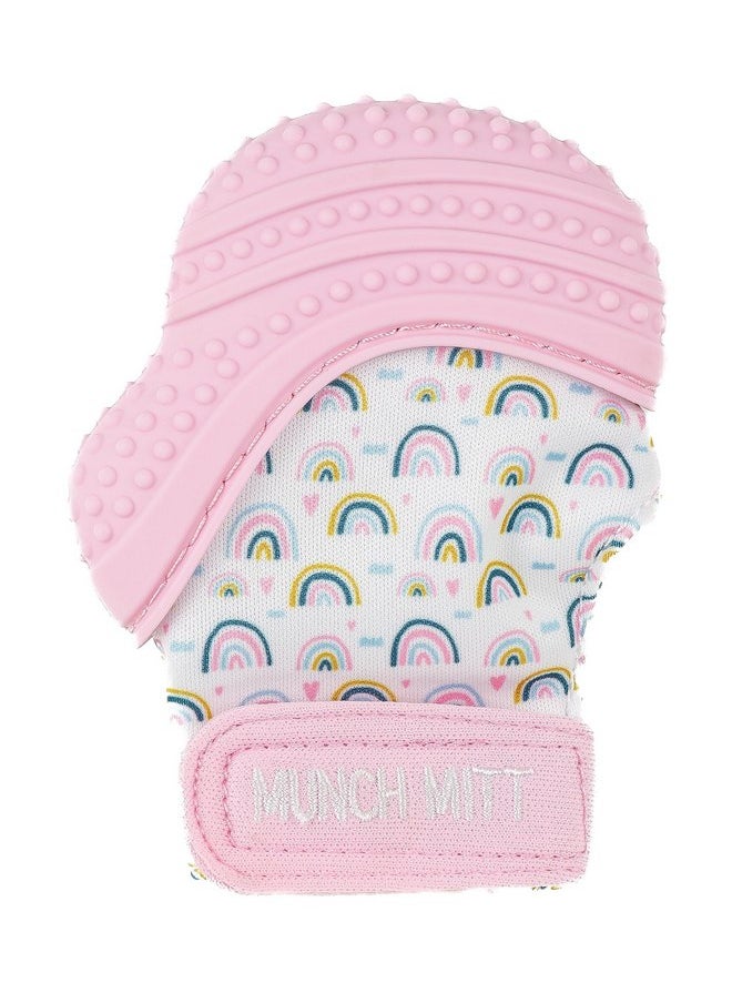 Malarkey Kids Patented Teething Mitten, Munch Mitt Baby Chew Toy - Protects Hands from Chewing & Saliva, Heals Aching Gums, Promotes Sound & Visual Stimulation for Babies - Pink Rainbow