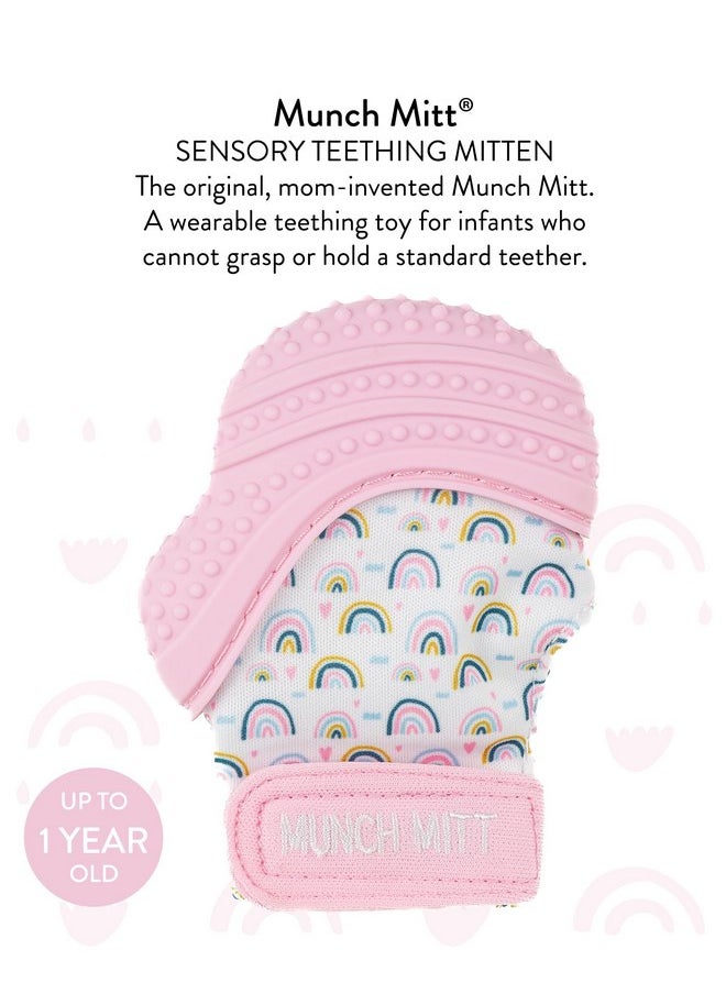 Malarkey Kids Patented Teething Mitten, Munch Mitt Baby Chew Toy - Protects Hands from Chewing & Saliva, Heals Aching Gums, Promotes Sound & Visual Stimulation for Babies - Pink Rainbow