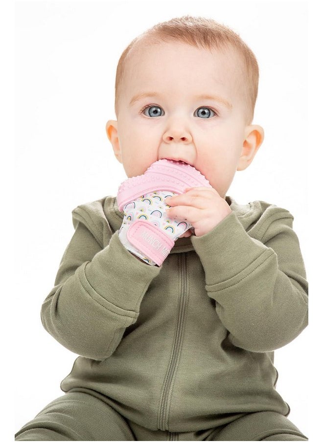Malarkey Kids Patented Teething Mitten, Munch Mitt Baby Chew Toy - Protects Hands from Chewing & Saliva, Heals Aching Gums, Promotes Sound & Visual Stimulation for Babies - Pink Rainbow