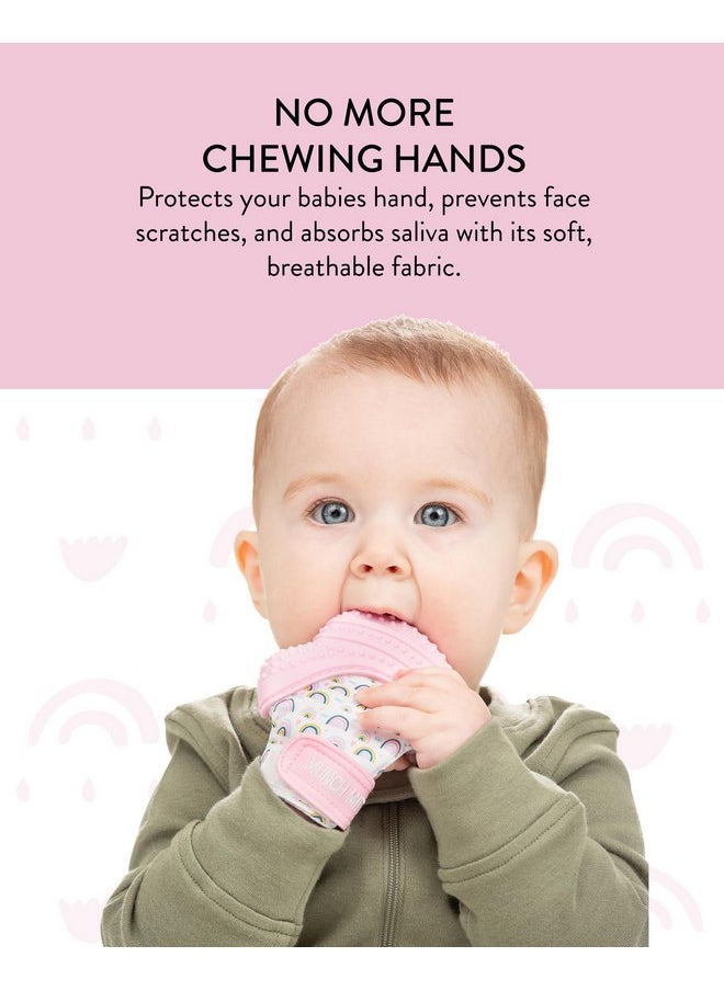 Malarkey Kids Patented Teething Mitten, Munch Mitt Baby Chew Toy - Protects Hands from Chewing & Saliva, Heals Aching Gums, Promotes Sound & Visual Stimulation for Babies - Pink Rainbow