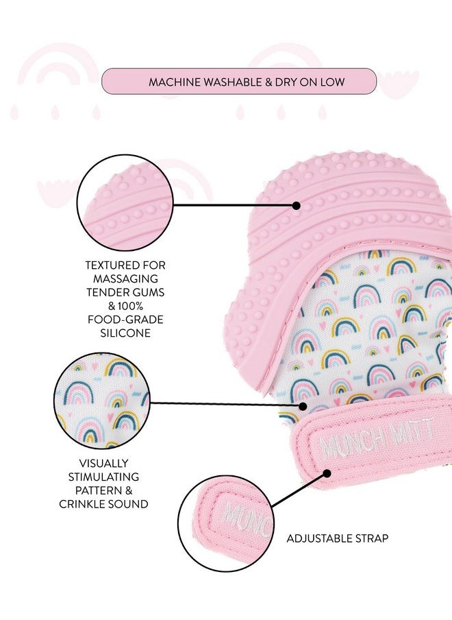 Malarkey Kids Patented Teething Mitten, Munch Mitt Baby Chew Toy - Protects Hands from Chewing & Saliva, Heals Aching Gums, Promotes Sound & Visual Stimulation for Babies - Pink Rainbow