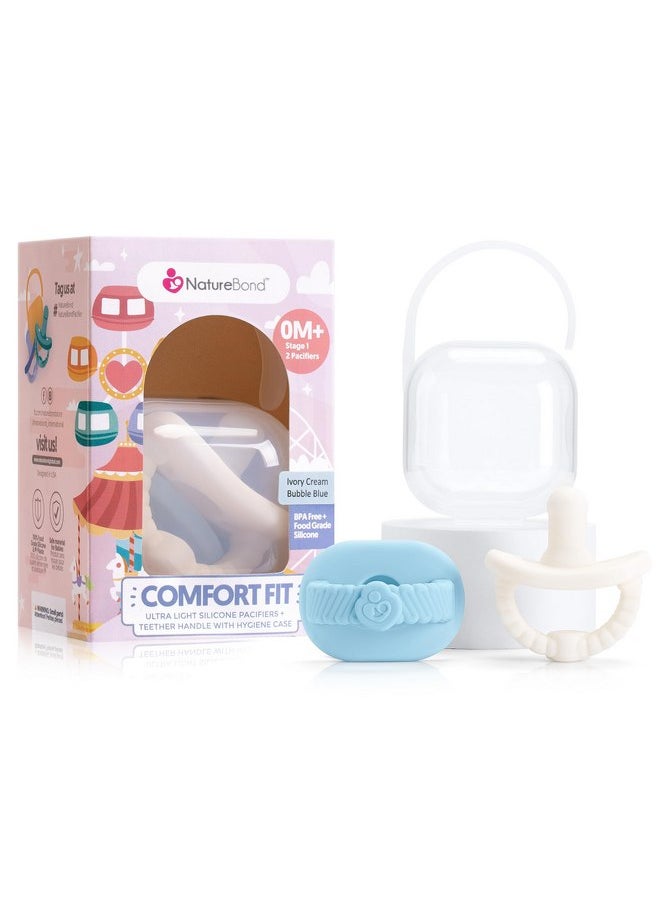 NatureBond Baby Pacifier Soother Silicone Binky Newborn Teether Pacifiers 2 in 1, Curved for Comfort | Hygiene Cover (0-6 Months, Bubble Blue and Ivory Cream)
