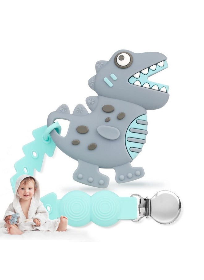 NPET Teething Toys for Babies 3-6 Months, Gray Dinosaur Baby Teethers with Anti-Drop Pacifier Clip 6 Months Baby Toy Sore Gums Reliever, Infant Baby Chew Toys 6-12 Months BPA Free Baby Girls Boys Gift