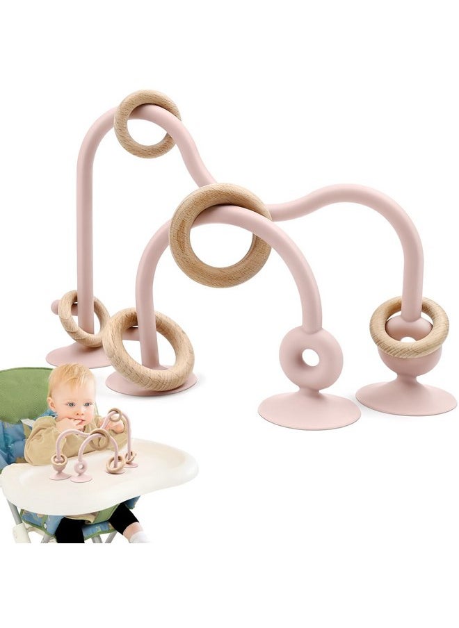 Baby Sensory Teething Chew High Chair Suction Toys for Infant Toddlers 6 12 18 24 Months Gifts, Food Grade Silicone Teether with Oak Loop Montessori Educational Baby Bath Toy (Pink)