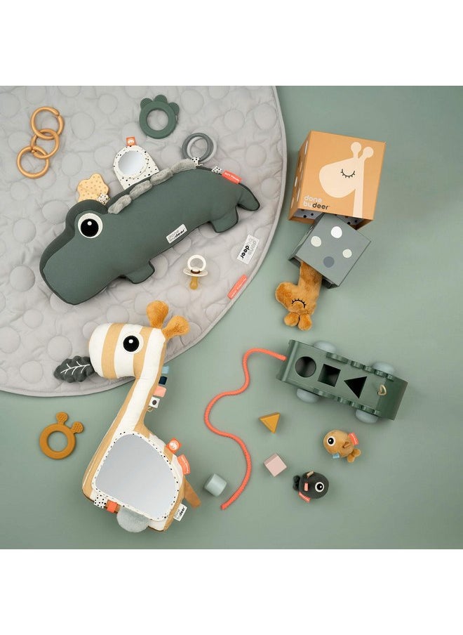 Done by Deer Tummy Time Activity Toy Croco Green - Soft Pillow with Teether, Rings, Mirror, Tags, and Crinkle Sounds for Sensory Exploration & Neck/Back Strength