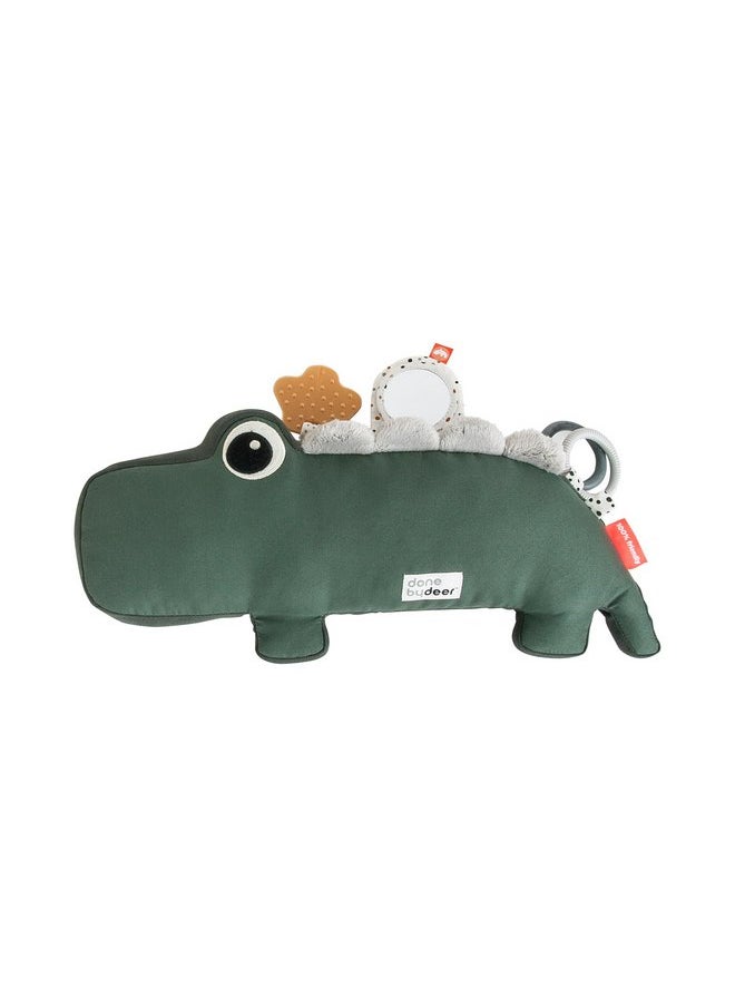 Done by Deer Tummy Time Activity Toy Croco Green - Soft Pillow with Teether, Rings, Mirror, Tags, and Crinkle Sounds for Sensory Exploration & Neck/Back Strength