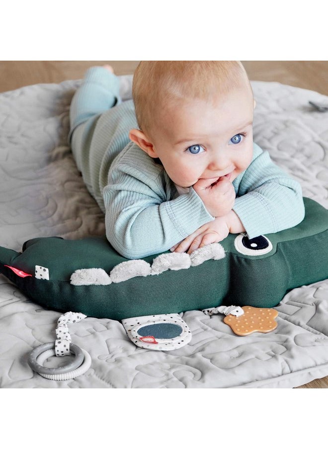 Done by Deer Tummy Time Activity Toy Croco Green - Soft Pillow with Teether, Rings, Mirror, Tags, and Crinkle Sounds for Sensory Exploration & Neck/Back Strength