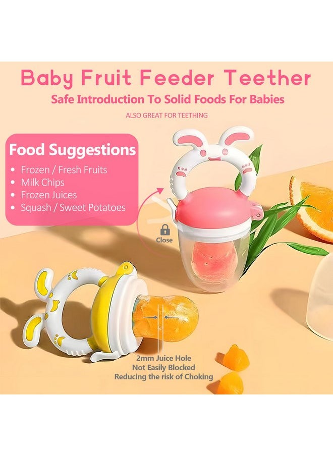 WAJIAYON Baby Fruit Feeder Pacifier - 5 Pack | 2 Baby Fruit Food Feeder Pacifier & 1 Baby Food Dispensing Spoon | Fresh Fruit Teethers for Babies | Silicone Feeder Baby,Mesh Baby Feeder (Pink&Yellow)