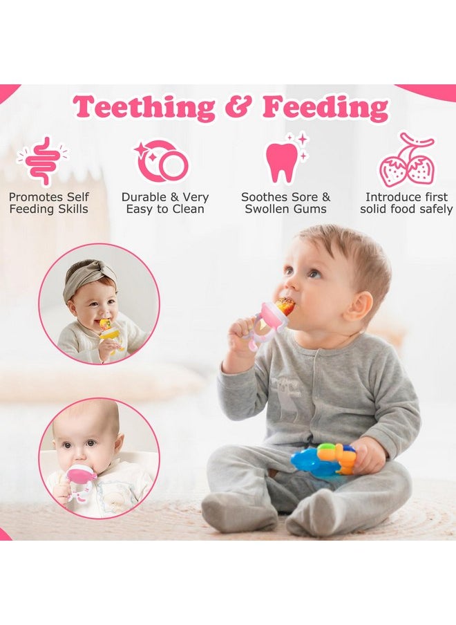 WAJIAYON Baby Fruit Feeder Pacifier - 5 Pack | 2 Baby Fruit Food Feeder Pacifier & 1 Baby Food Dispensing Spoon | Fresh Fruit Teethers for Babies | Silicone Feeder Baby,Mesh Baby Feeder (Pink&Yellow)