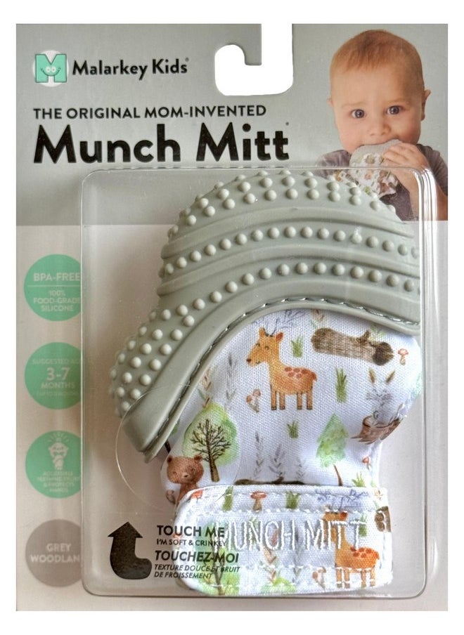 Malarkey Kids Baby Teething Mitten, Munch Mitt Baby Chew Toy - Protects Hands from Chewing & Saliva, Heals Aching Gums, Promotes Sound & Visual Stimulation for Babies Up to 1-Year-Old (Grey Woodland)
