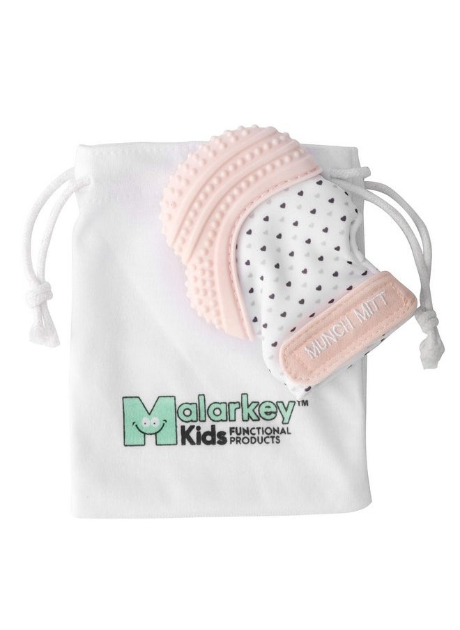 Malarkey Kids Munch Mitt Teething Mitten - The Original Mom-Invented Silicone Teether Mitten with Travel Bag - Pastel Pink