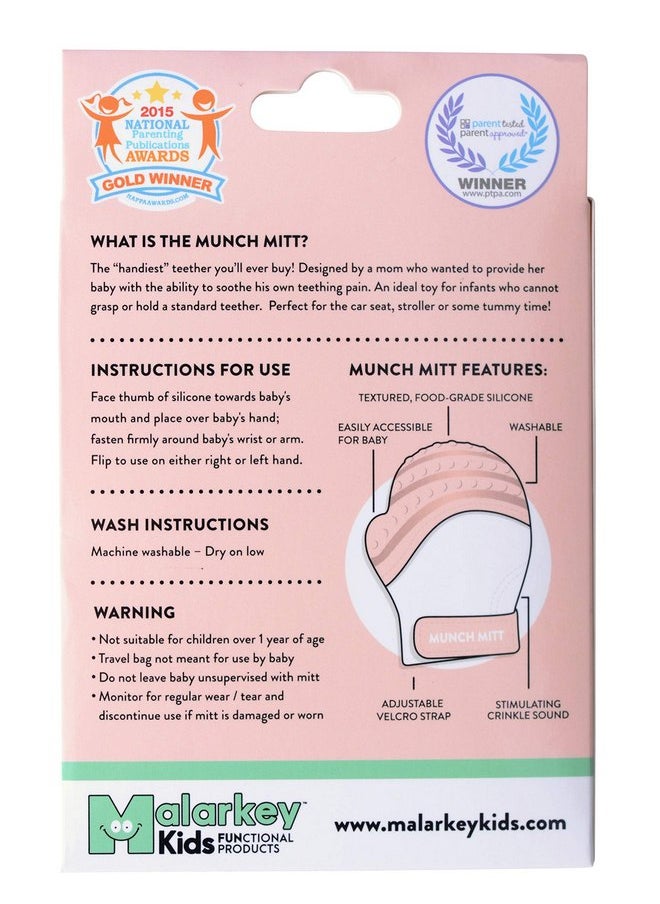 Malarkey Kids Munch Mitt Teething Mitten - The Original Mom-Invented Silicone Teether Mitten with Travel Bag - Pastel Pink