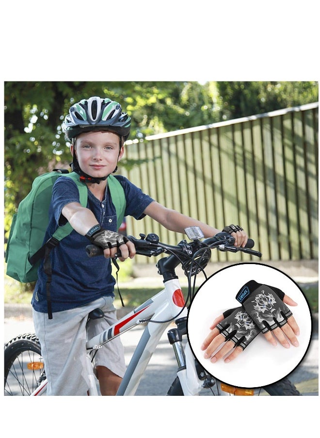 Kids Half Finger Cycling Gloves, Children Fingerless Sport Gloves, Breathable Non-Slip Shock-Absorbing Child Riding Bike Gloves, Fishing Roller Skating Hunting Climbing Gloves for Girls Boys (Black)