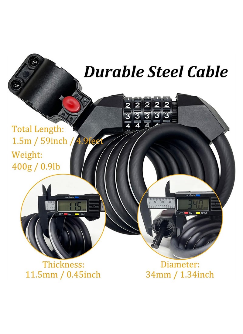 Bike Lock Cable, High Security 5-Digit Resettable Combination Bicycle Lock, Heavy Duty Braided Steel Coiled Cable Anti-Theft with Mounting Bracket for Scooter, Outdoor Equipment