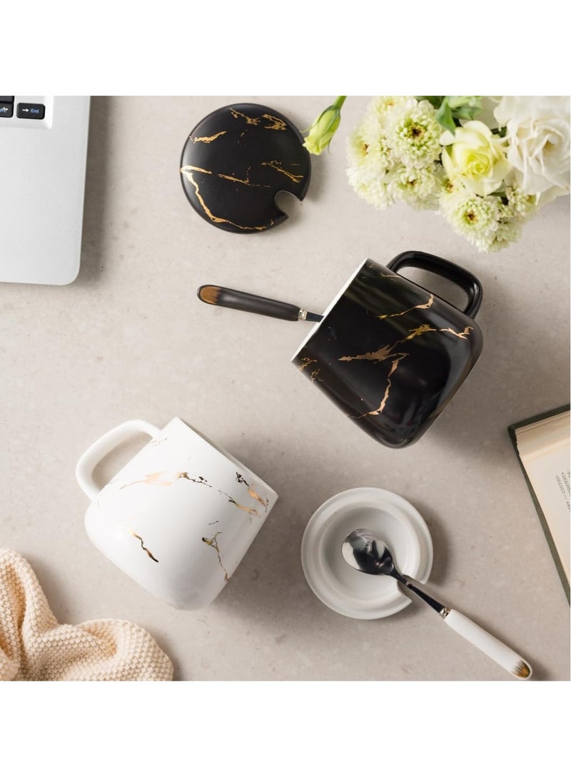Ceramic Coffee Mug with Lid and Stainless Steel Spoon,13.5 OZ Mug ,Dishwasher and Microwave Safe Tea Cup with Lid- Perfect Present Classic Design Coffee Mug Set
