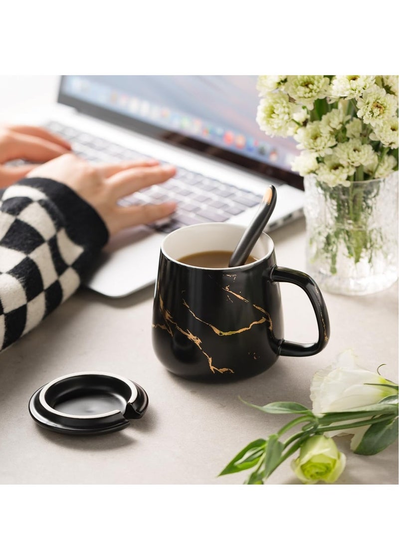 Ceramic Coffee Mug with Lid and Stainless Steel Spoon,13.5 OZ Mug ,Dishwasher and Microwave Safe Tea Cup with Lid- Perfect Present Classic Design Coffee Mug Set