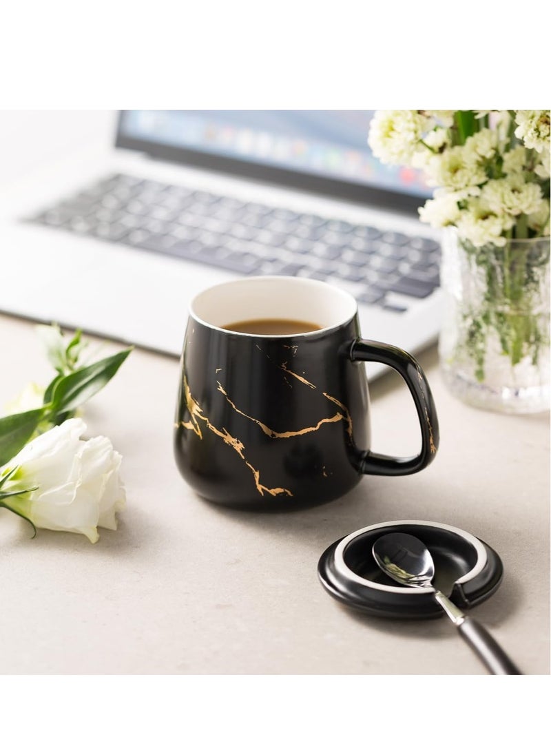 Ceramic Coffee Mug with Lid and Stainless Steel Spoon,13.5 OZ Mug ,Dishwasher and Microwave Safe Tea Cup with Lid- Perfect Present Classic Design Coffee Mug Set