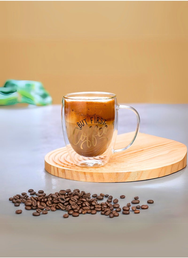 Borosilicate But First Coffee Printed Double Wall Glass with Handle and Straw 350 ML (Set of 2)