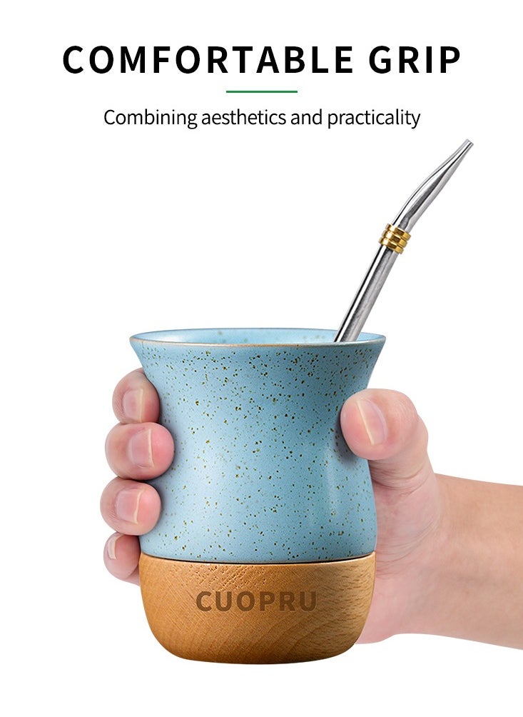 Ceramic cup on wooden base with straw brush, mate tea cup, coffee cup