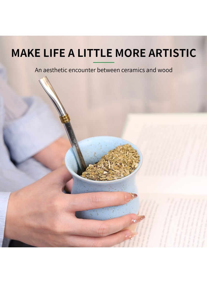 Ceramic cup on wooden base with straw brush, mate tea cup, coffee cup