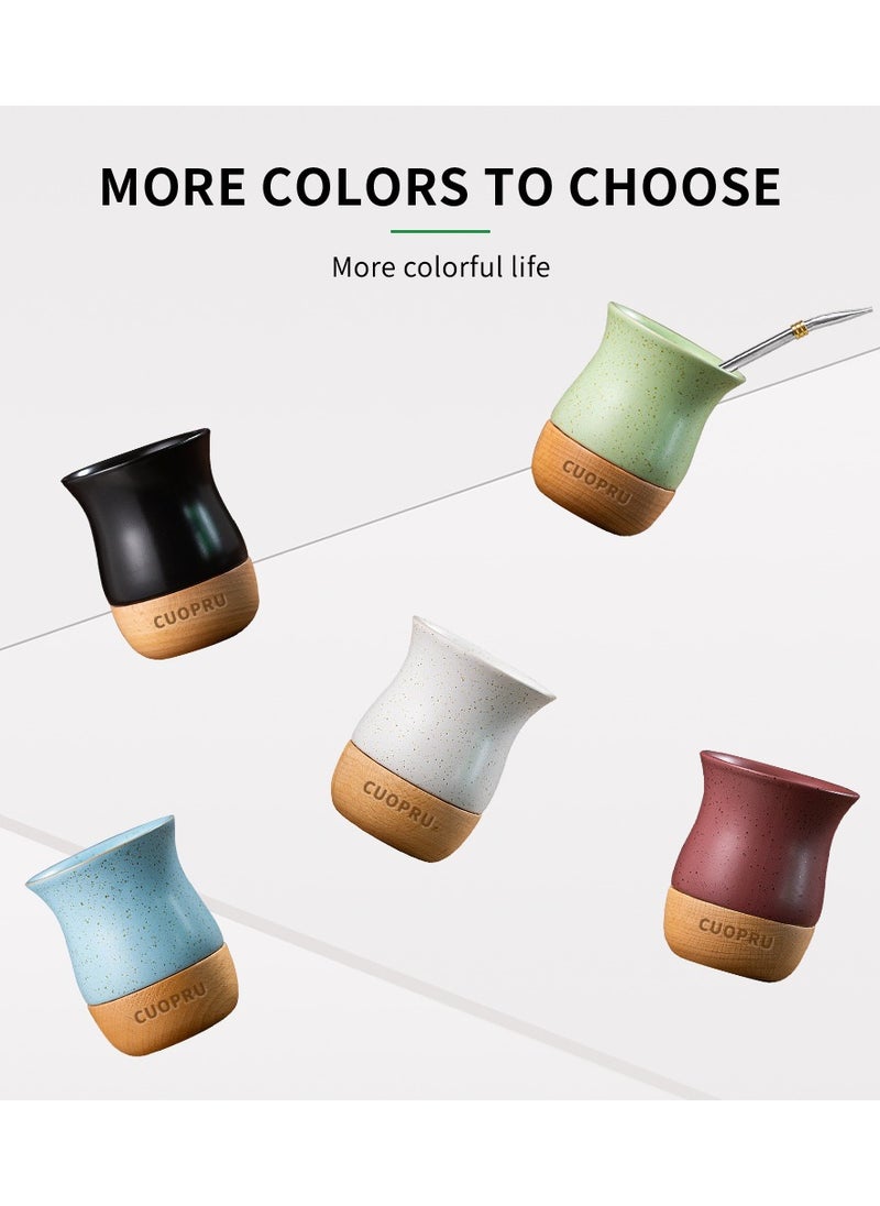 Ceramic cup on wooden base with straw brush, mate tea cup, coffee cup