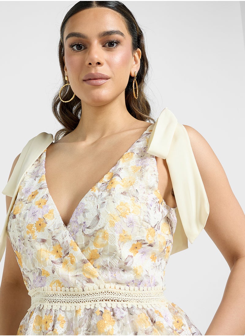 Floral Print Shoulder Tie Ruffle Dress