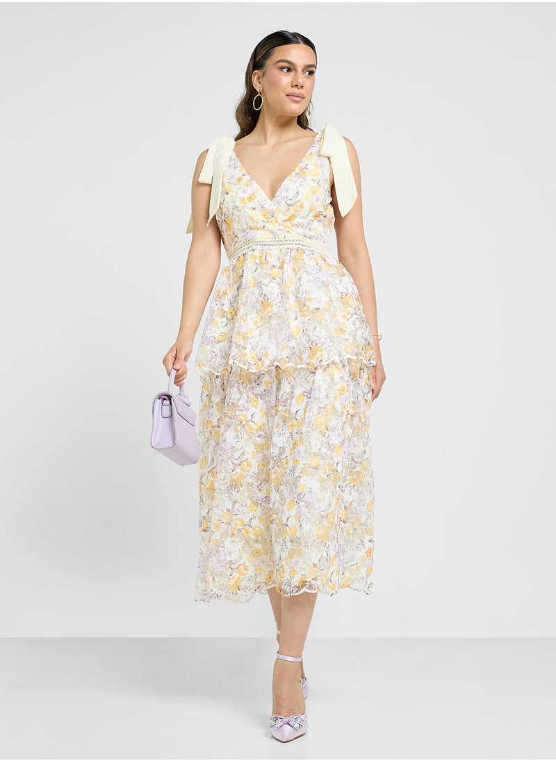 Floral Print Shoulder Tie Ruffle Dress