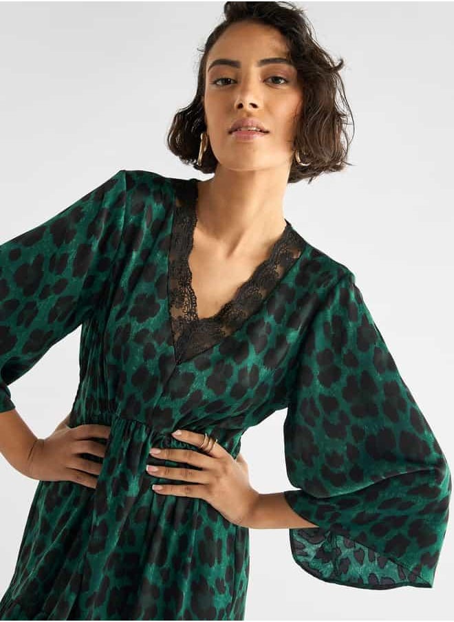 Animal Print Midi Dress with Lace Detail and 3/4 Sleeves