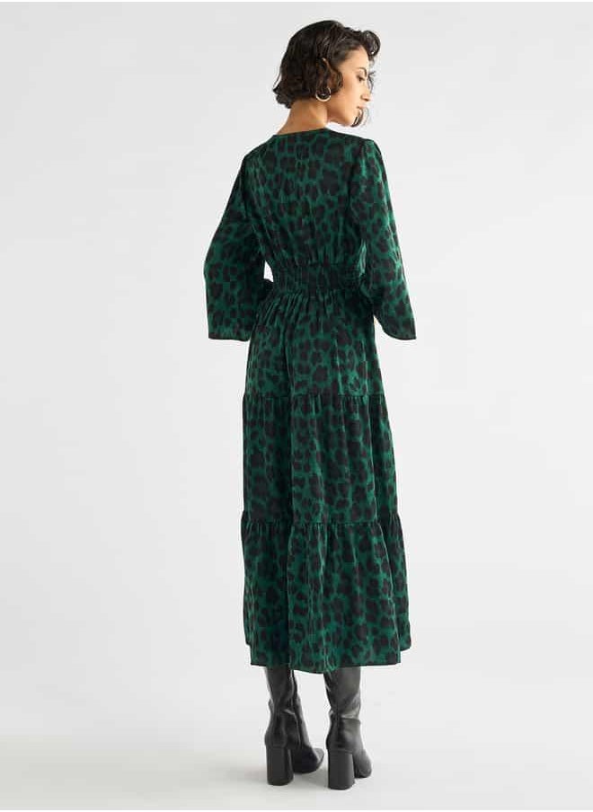 Animal Print Midi Dress with Lace Detail and 3/4 Sleeves