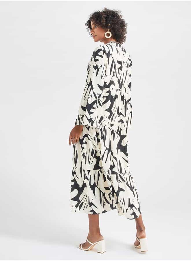 Abstract Print Midi Dress with Mandarin Collar and Long Sleeves