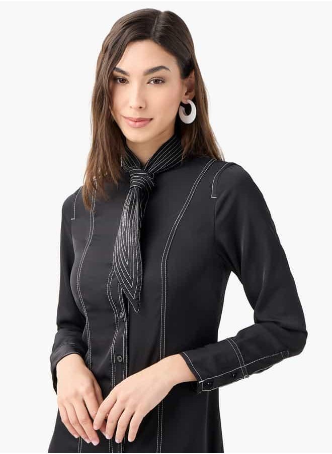 Iconic Stitch Detail Shirt Dress with Collar and Long Sleeves