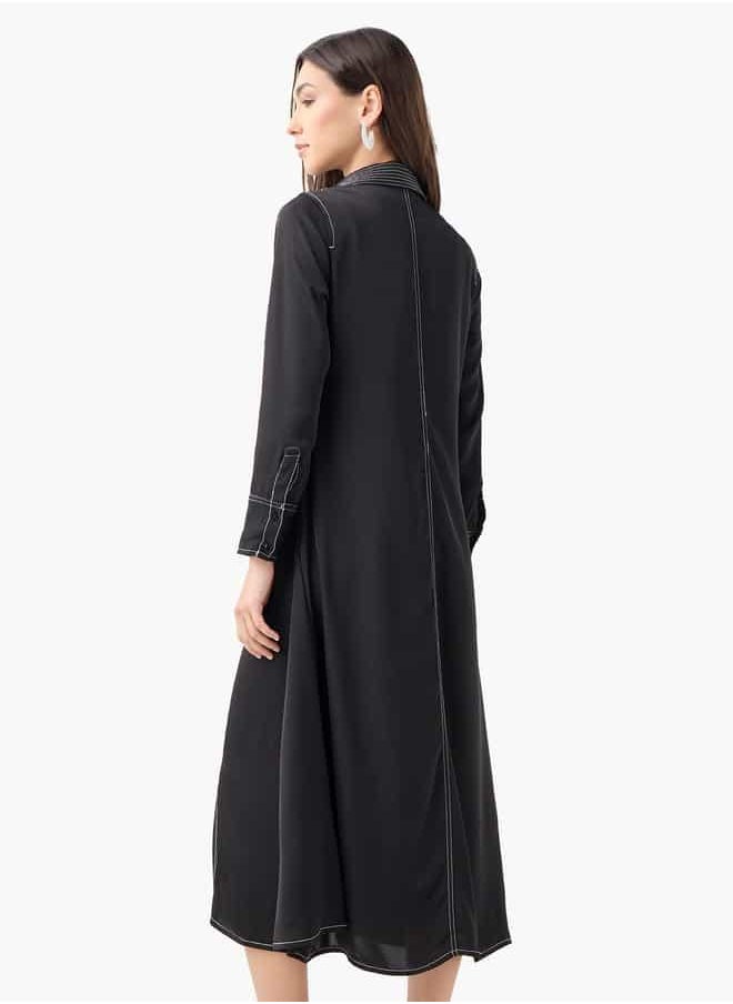 Iconic Stitch Detail Shirt Dress with Collar and Long Sleeves