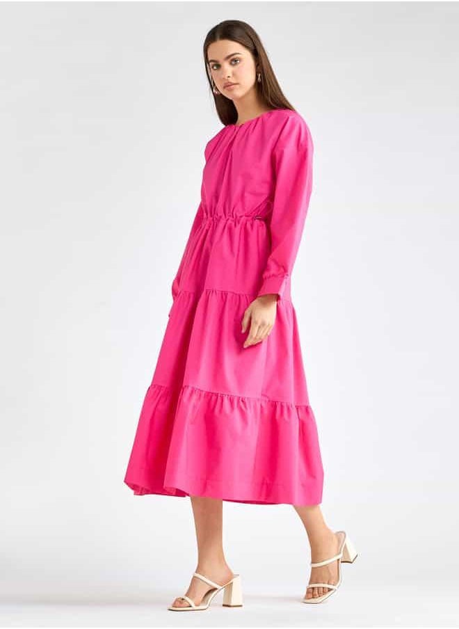 Solid Tiered Long Sleeves Dress with Cord Lock Waist