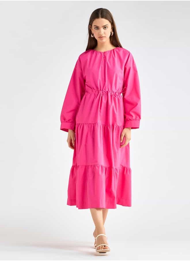 Solid Tiered Long Sleeves Dress with Cord Lock Waist